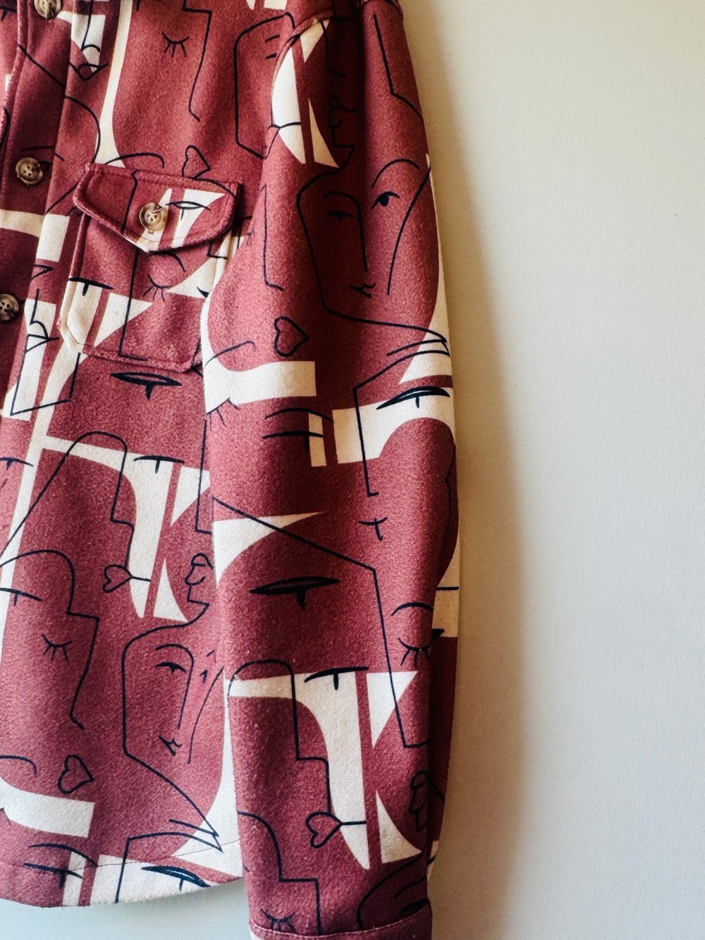Button-Front Maroon Abstract Print Shirt Jacket - Picture 7 of 8